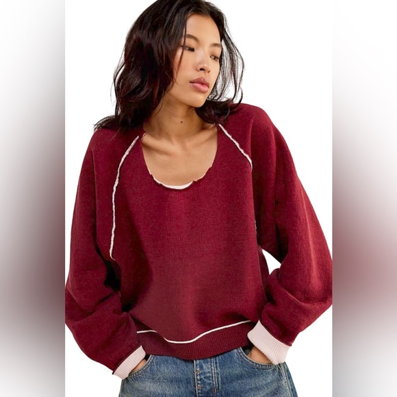 NWT Free People We the Free Midnight Pullover M Red Valentine Combo Sweater - Picture 1 of 9